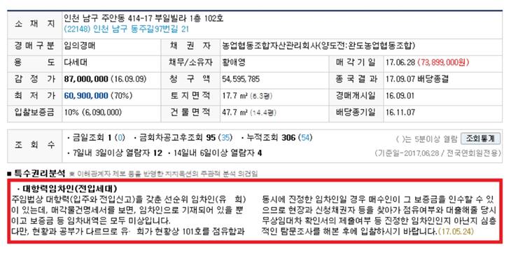 경매 공부상 현황상 전입신고 다른경우